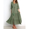 image:imageRVivimos Maxi Dress for Women Long Sleeve V Neck Drawstring Button Up Casual Split Flowy DressArmygreen