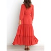 image:imageRVivimos Maxi Dress for Women Long Sleeve V Neck Drawstring Button Up Casual Split Flowy DressCoral