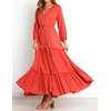 image:imageRVivimos Maxi Dress for Women Long Sleeve V Neck Drawstring Button Up Casual Split Flowy DressCoral