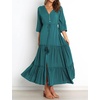 image:imageRVivimos Maxi Dress for Women Long Sleeve V Neck Drawstring Button Up Casual Split Flowy DressTeal