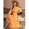 image:imageRVivimos Maxi Dress for Women Long Sleeve V Neck Drawstring Button Up Casual Split Flowy DressYellowfloral