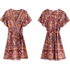 image:imageRVivimos Women Summer Short Sleeve Casual Bohemian Beach Ruffle Floral Print Bow Tie Short Sun DressDeepred