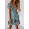 image:imageRVivimos Women Summer Short Sleeve Casual Bohemian Beach Ruffle Floral Print Bow Tie Short Sun DressGreen