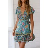 image:imageRVivimos Women Summer Short Sleeve Casual Bohemian Beach Ruffle Floral Print Bow Tie Short Sun DressGreen