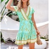 image:imageRVivimos Women Summer Short Sleeve Casual Bohemian Beach Ruffle Floral Print Bow Tie Short Sun DressLightgreen