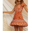 image:imageRVivimos Women Summer Short Sleeve Casual Bohemian Beach Ruffle Floral Print Bow Tie Short Sun DressOrange1