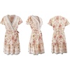 image:imageRVivimos Women Summer Short Sleeve Casual Bohemian Beach Ruffle Floral Print Bow Tie Short Sun DressWhitePink