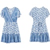 image:imageRVivimos Women Summer Short Sleeve Casual Bohemian Beach Ruffle Floral Print Bow Tie Short Sun DressWhiteblue