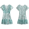 image:imageRVivimos Women Summer Short Sleeve Casual Bohemian Beach Ruffle Floral Print Bow Tie Short Sun DressWhitegreen