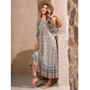 image:imageRVivimos Womens 34 Sleeve Square Neck Midi Dress Boho Casual Floral Print Empire Waist Ruffle Flowy Smocked Long DressesBeige