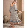 image:imageRVivimos Womens 34 Sleeve Square Neck Midi Dress Boho Casual Floral Print Empire Waist Ruffle Flowy Smocked Long DressesBeige