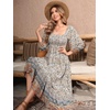 image:imageRVivimos Womens 34 Sleeve Square Neck Midi Dress Boho Casual Floral Print Empire Waist Ruffle Flowy Smocked Long DressesBeige
