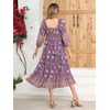 image:imageRVivimos Womens 34 Sleeve Square Neck Midi Dress Boho Casual Floral Print Empire Waist Ruffle Flowy Smocked Long DressesDarkpurple