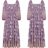 image:imageRVivimos Womens 34 Sleeve Square Neck Midi Dress Boho Casual Floral Print Empire Waist Ruffle Flowy Smocked Long DressesDarkpurple