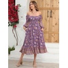 image:imageRVivimos Womens 34 Sleeve Square Neck Midi Dress Boho Casual Floral Print Empire Waist Ruffle Flowy Smocked Long DressesDarkpurple