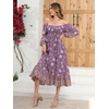 image:imageRVivimos Womens 34 Sleeve Square Neck Midi Dress Boho Casual Floral Print Empire Waist Ruffle Flowy Smocked Long DressesDarkpurple