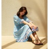 image:imageRVivimos Womens 34 Sleeve Square Neck Midi Dress Boho Casual Floral Print Empire Waist Ruffle Flowy Smocked Long DressesLightblue