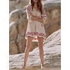 image:imageRVivimos Womens Autumn 34 Sleeve Cotton V Neck Floral Embroidery Casual Tunic DressesBeige