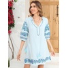 image:imageRVivimos Womens Autumn 34 Sleeve Cotton V Neck Floral Embroidery Casual Tunic DressesBlue