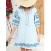 image:imageRVivimos Womens Autumn 34 Sleeve Cotton V Neck Floral Embroidery Casual Tunic DressesBlue