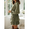 image:imageRVivimos Womens Cotton Long Sleeves V Neck Layered Ruffles Pleated Swing Mini DressArmy Green