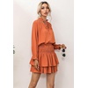 image:imageRVivimos Womens Cotton Long Sleeves V Neck Layered Ruffles Pleated Swing Mini DressOrange