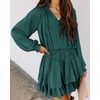 image:imageRVivimos Womens Cotton Long Sleeves V Neck Layered Ruffles Pleated Swing Mini DressTeal