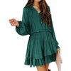 image:imageRVivimos Womens Cotton Long Sleeves V Neck Layered Ruffles Pleated Swing Mini DressTeal