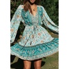 image:imageRVivimos Womens Cotton Long Sleeves VNeck Button Up Floral Print Bohemian Flowy Mini DressBlueturquoise