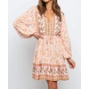 image:imageRVivimos Womens Cotton Long Sleeves VNeck Button Up Floral Print Bohemian Flowy Mini DressPeach