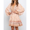 image:imageRVivimos Womens Cotton Long Sleeves VNeck Button Up Floral Print Bohemian Flowy Mini DressPeach