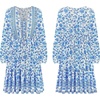 image:imageRVivimos Womens Cotton Long Sleeves VNeck Button Up Floral Print Bohemian Flowy Mini DressWhiteskyblue