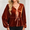 image:imageRVivimos Womens Fall Velvet Tops 2026 Long Sleeve Tie Front Casual Jackets Cardigan Vintage Loose Short CoatRust Brown