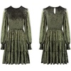 image:imageRVivimos Womens Fall Winter Crushed Velvet Dress Long Sleeve Crew Neck Elastic Smocked ALine Tiered Ruffle Mini DressArmygreen