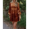 image:imageRVivimos Womens Fall Winter Crushed Velvet Dress Long Sleeve Crew Neck Elastic Smocked ALine Tiered Ruffle Mini DressBrown