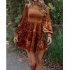 image:imageRVivimos Womens Fall Winter Crushed Velvet Dress Long Sleeve Crew Neck Elastic Smocked ALine Tiered Ruffle Mini DressBrown