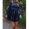 image:imageRVivimos Womens Fall Winter Crushed Velvet Dress Long Sleeve Crew Neck Elastic Smocked ALine Tiered Ruffle Mini DressNavy Blue