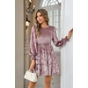 image:imageRVivimos Womens Fall Winter Crushed Velvet Dress Long Sleeve Crew Neck Elastic Smocked ALine Tiered Ruffle Mini DressPink