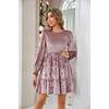 image:imageRVivimos Womens Fall Winter Crushed Velvet Dress Long Sleeve Crew Neck Elastic Smocked ALine Tiered Ruffle Mini DressPink