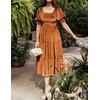 image:imageRVivimos Womens Fall Winter Velvet Dress Puff Sleeve Square Neck Smocked Tiered Ruffle ALine Flowy Midi DressBrown