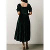 image:imageRVivimos Womens Fall Winter Velvet Dress Puff Sleeve Square Neck Smocked Tiered Ruffle ALine Flowy Midi DressDarkgreen