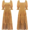 image:imageRVivimos Womens Fall Winter Velvet Dress Puff Sleeve Square Neck Smocked Tiered Ruffle ALine Flowy Midi DressGold