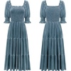 image:imageRVivimos Womens Fall Winter Velvet Dress Puff Sleeve Square Neck Smocked Tiered Ruffle ALine Flowy Midi DressHazeblue
