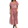 image:imageRVivimos Womens Fall Winter Velvet Dress Puff Sleeve Square Neck Smocked Tiered Ruffle ALine Flowy Midi DressPink