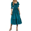 image:imageRVivimos Womens Fall Winter Velvet Dress Puff Sleeve Square Neck Smocked Tiered Ruffle ALine Flowy Midi DressTeal