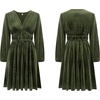 image:imageRVivimos Womens Fall Winter Velvet Striped Mini Dress 2026 Long Sleeve V Neck Elastic High Waist Elegant Casual ALine DressArmy Green