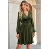 image:imageRVivimos Womens Fall Winter Velvet Striped Mini Dress 2026 Long Sleeve V Neck Elastic High Waist Elegant Casual ALine DressArmy Green