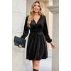 image:imageRVivimos Womens Fall Winter Velvet Striped Mini Dress 2026 Long Sleeve V Neck Elastic High Waist Elegant Casual ALine DressBlack