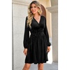 image:imageRVivimos Womens Fall Winter Velvet Striped Mini Dress 2026 Long Sleeve V Neck Elastic High Waist Elegant Casual ALine DressBlack