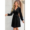 image:imageRVivimos Womens Fall Winter Velvet Striped Mini Dress 2026 Long Sleeve V Neck Elastic High Waist Elegant Casual ALine DressBlack